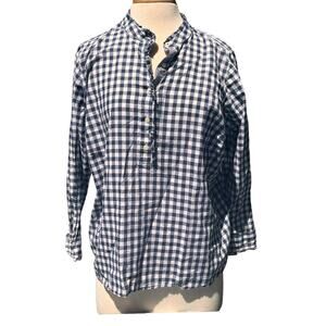 Talbots Womans Checkered Blouse Button Up Blue 1Xp Ruffle Detail Button Down